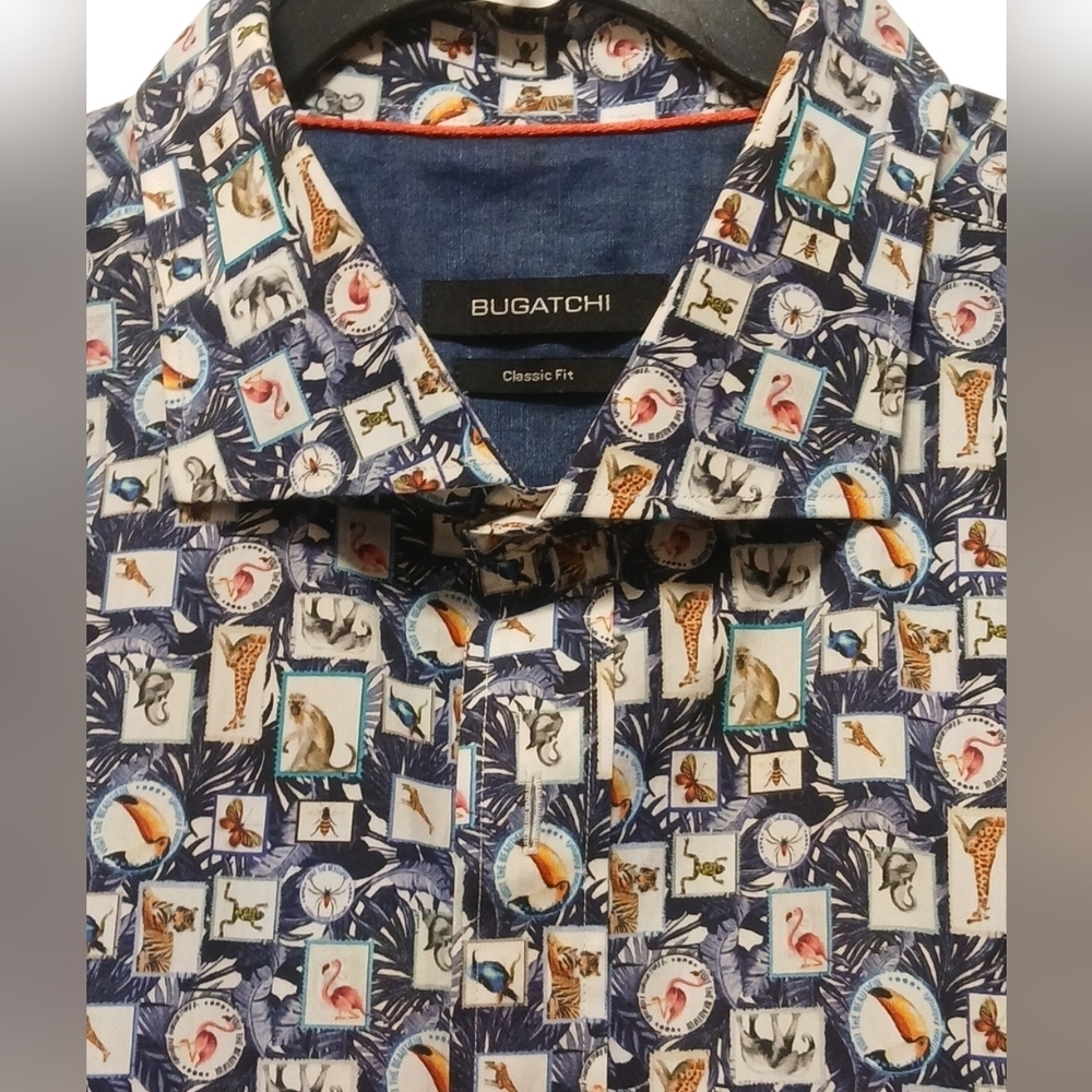 Bugatchi - NWOT, Navy Blue, Geometric Print Of Different Animals, - Picture 4 of 9